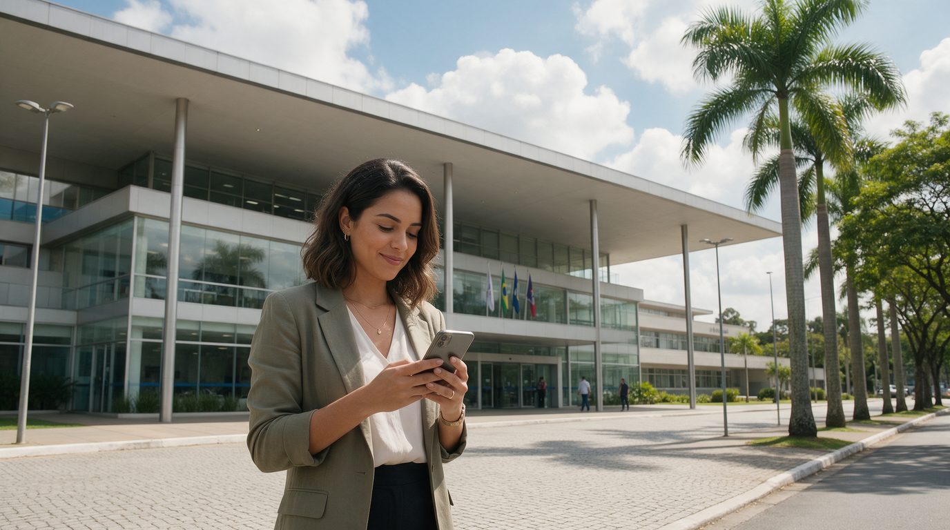 Empreendedora em Barueri diante do prédio da Prefeitura conferindo a viabilidade da empresa no celular