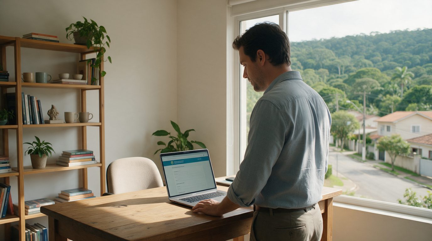 Empreendedor em Jundiaí conferindo no notebook a solicitação de licenciamento no Balcão do Empreendedor