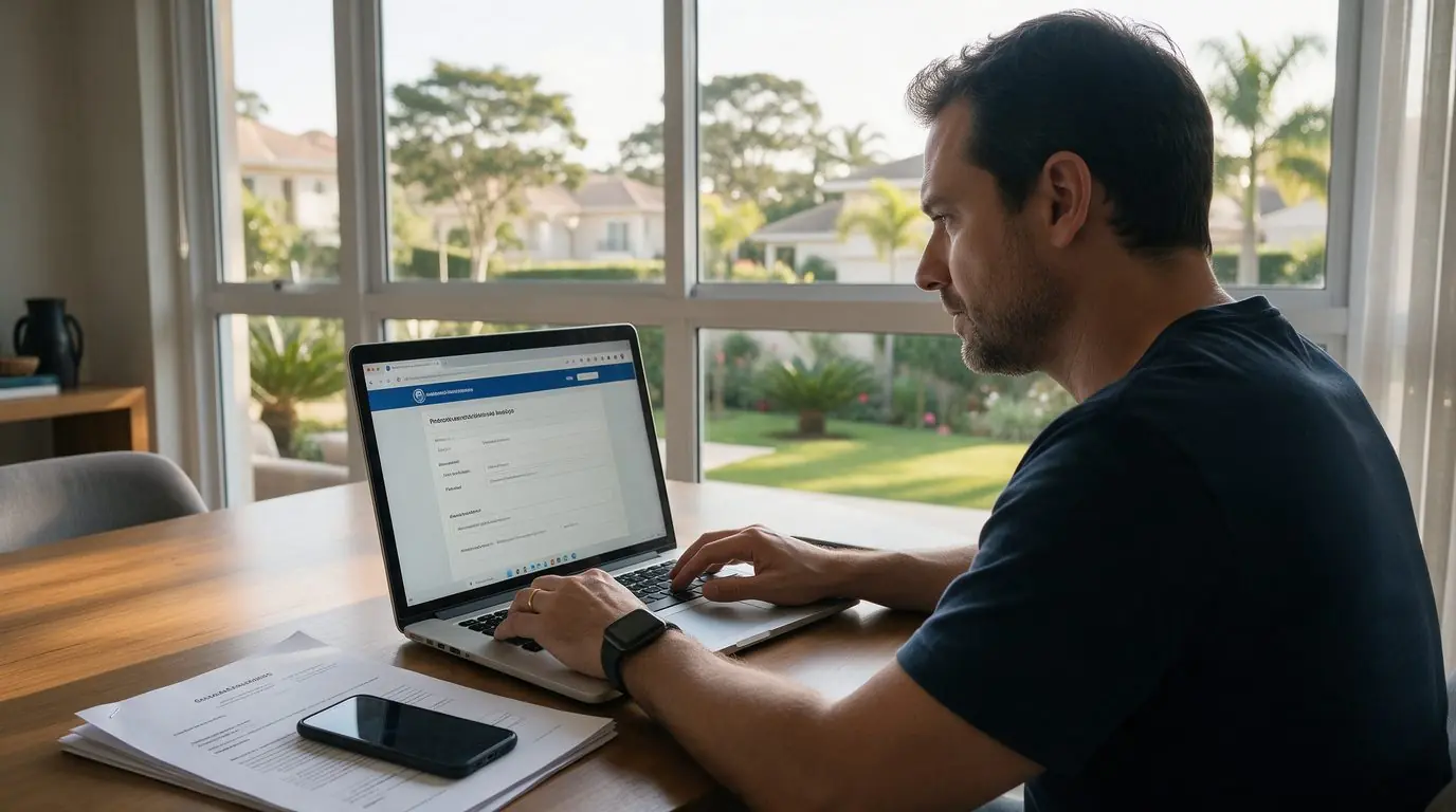 Empreendedor em home office em Alphaville, Santana de Parnaíba, conferindo o protocolo de inscrição municipal no portal da Prefeitura
