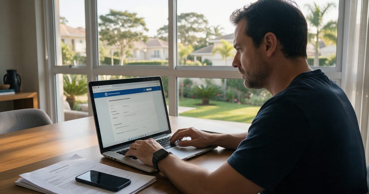 Empreendedor em home office em Alphaville, Santana de Parnaíba, conferindo o protocolo de inscrição municipal no portal da Prefeitura