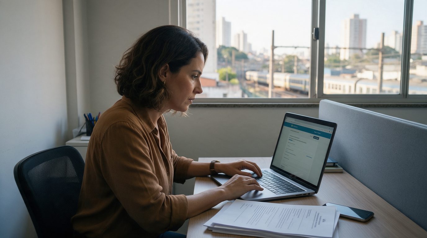 Empreendedora em escritório na Lapa, zona oeste de São Paulo, conferindo no notebook o licenciamento pelo Empreenda Fácil