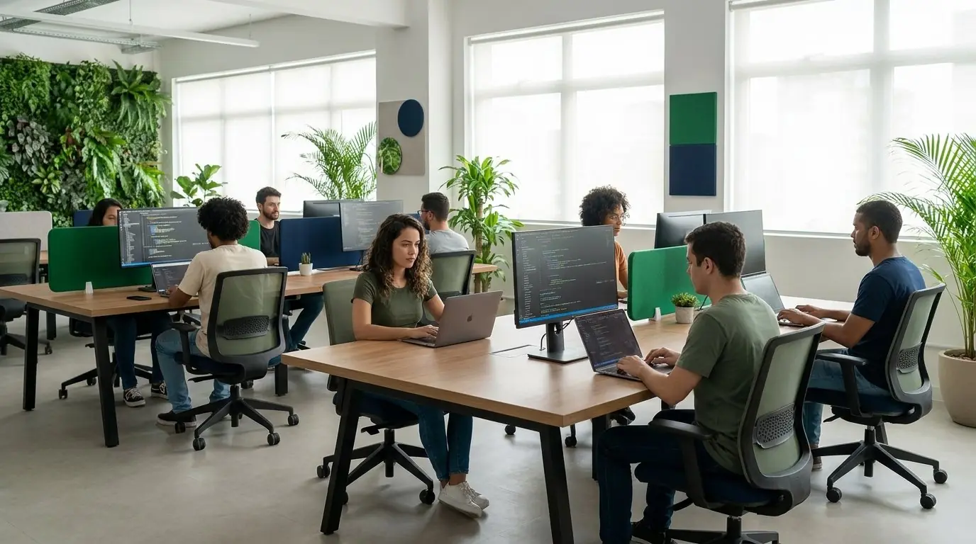 Equipe de empresa de tecnologia em Osasco revisando regime, exportação e Reforma com a contadora