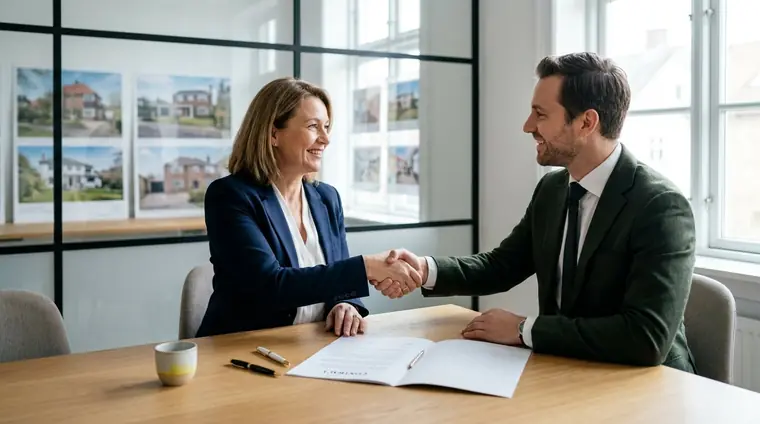 Corretor associado e dona de imobiliária assinando contrato de associação registrado no sindicato