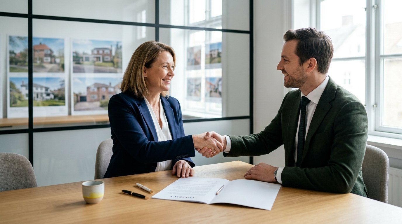 Corretor associado e dona de imobiliária assinando contrato de associação registrado no sindicato