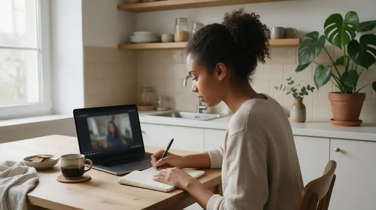 Futura empreendedora em Osasco assistindo a um curso a distância no notebook com caderno de anotações ao lado