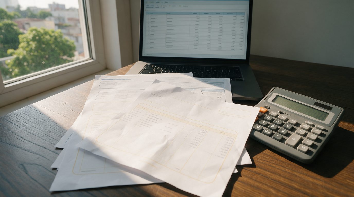 Mesa de trabalho de contabilidade em Osasco com notas fiscais, extrato bancário e o Razão aberto na tela