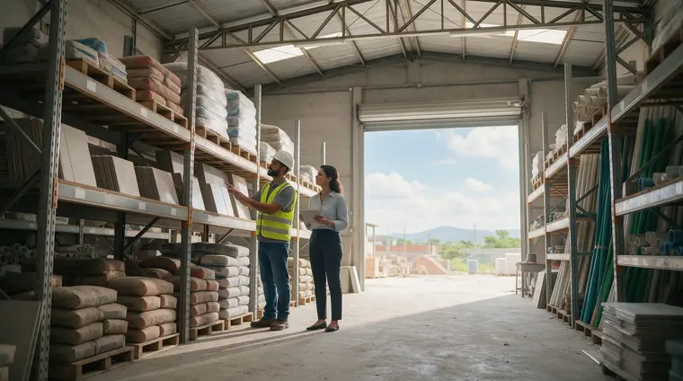 Engenheiro e contadora conferindo o estoque de materiais de obra num almoxarifado em Osasco