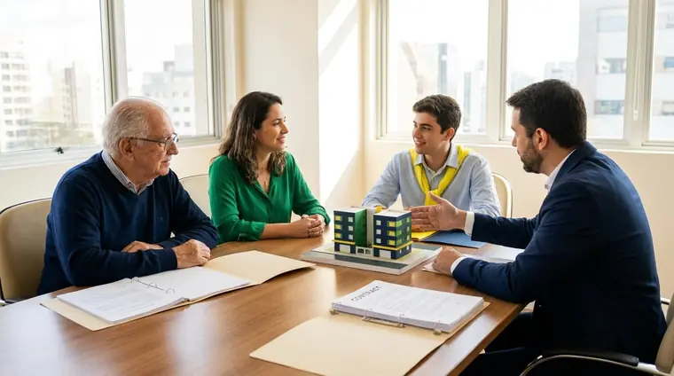 Família proprietária de imóveis reunida com contador para estruturar a holding imobiliária