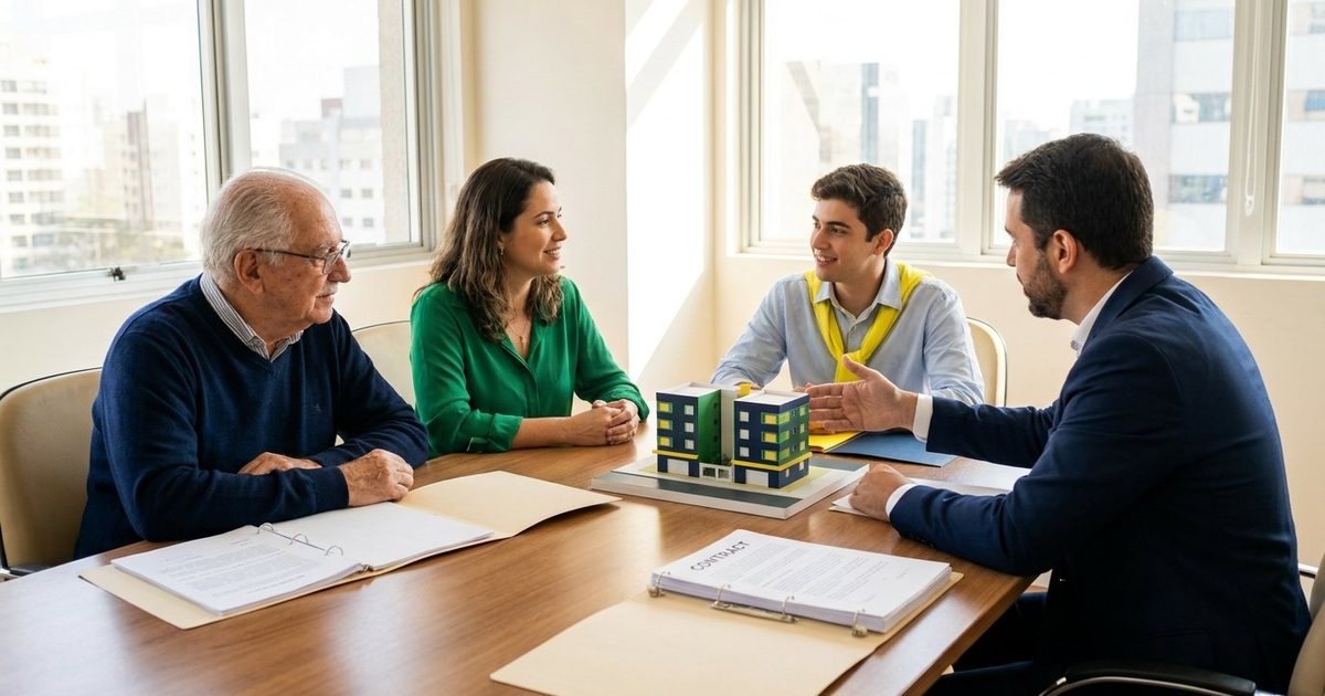 Família proprietária de imóveis reunida com contador para estruturar a holding imobiliária