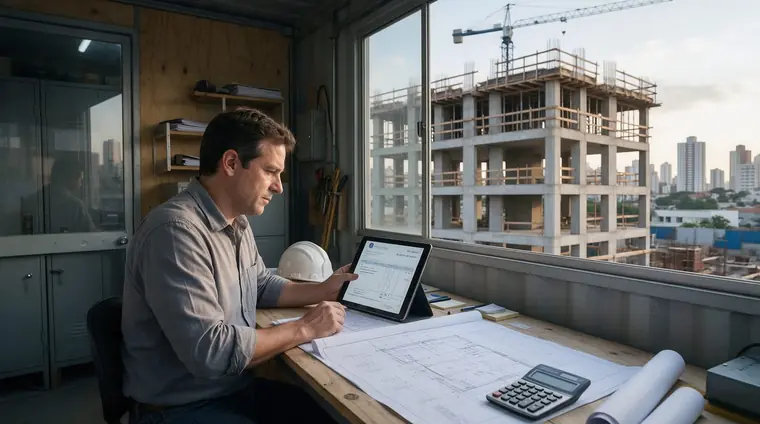 Engenheiro civil em escritório de obra na zona oeste de São Paulo revisando a nota fiscal de serviço no tablet