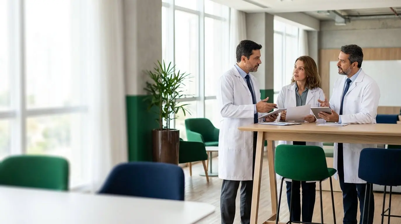 Sócios de uma clínica médica em Osasco revisando o enquadramento do ISS