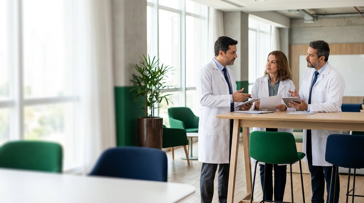 Sócios de uma clínica médica em Osasco revisando o enquadramento do ISS