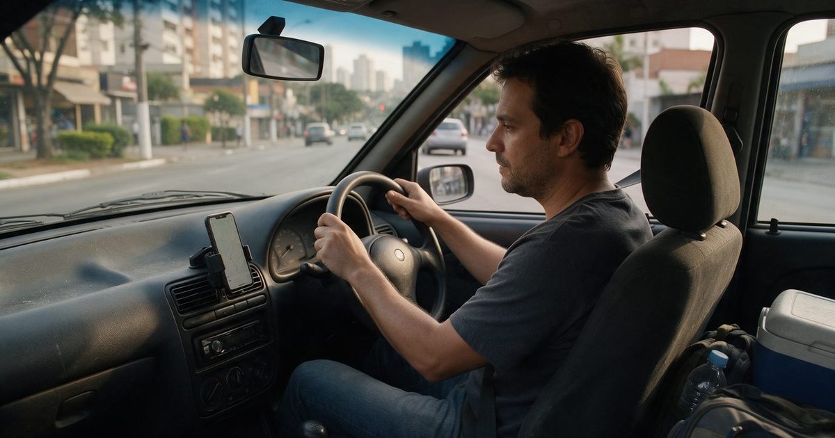 Motorista de aplicativo em Osasco ao volante conferindo os ganhos da semana no celular preso ao painel