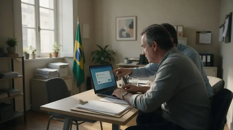 Empresário em Osasco lendo no notebook o termo de exclusão do Simples Nacional com o contador ao lado