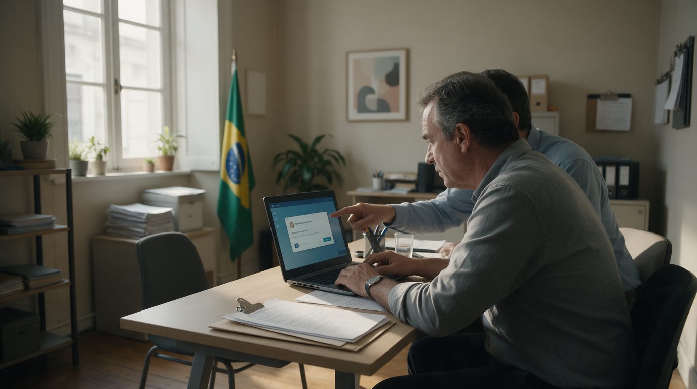 Empresário em Osasco lendo no notebook o termo de exclusão do Simples Nacional com o contador ao lado
