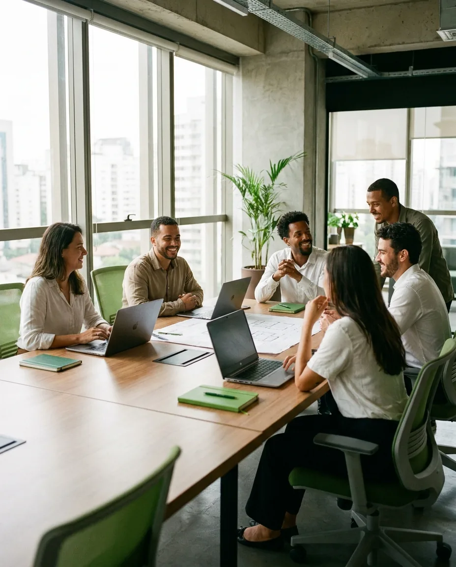 Equipe de trabalho reunida com a rotina de pessoal em dia